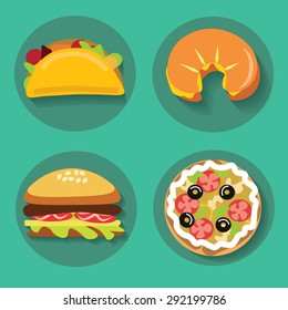 Set of flat art icons fast food pizza croissant burger burrito on a background vector illustration