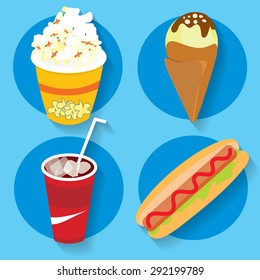 Set of flat art icons fast food popcorn ice cream cola hot dog vector illustration