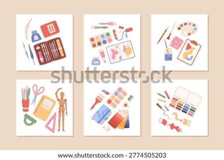 Set of flat artist tool concept in soft pastel art style. Painting tools and brush palette on white background show colorful stationery for painter and school craft class. Watercolor art supplies set