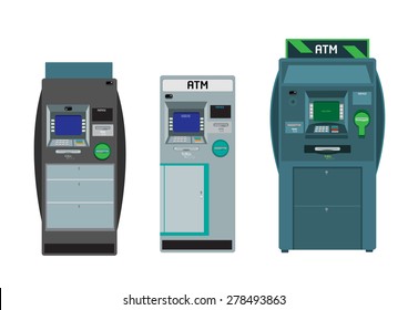 Set of Flat ATM Machines with vaults and hidden CCTV camera in different colors and sizes.