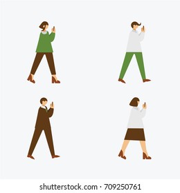 Set with flat attractive young business men and women watching at their cellphone and walking