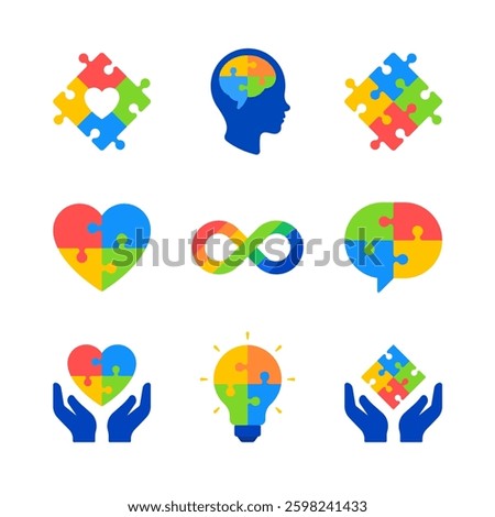 Set of flat autism awareness icons. Puzzle pieces, brain, heart, lightbulb, speech bubble, infinity symbol, hand. Neurodiversity, neuropsychology, psychology, psychiatry, mental health concept