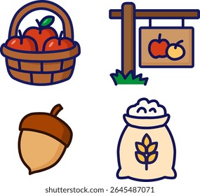 Set of flat autumn icons with apple basket, wheat, acorn, and signboard. Great for seasonal farm, food, and harvest designs.