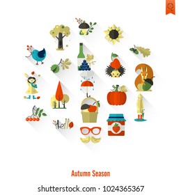 Set of Flat Autumn Icons. Simple and Minimalistic Style. Vector