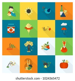 Set of Flat Autumn Icons. Simple and Minimalistic Style. Vector