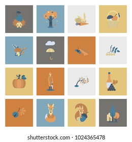 Set of Flat Autumn Icons. Simple and Minimalistic Style. Vector