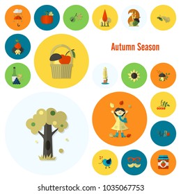 Set of Flat Autumn Icons. Simple and Minimalistic Style. Vector