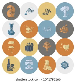 Set of Flat Autumn Icons. Simple and Minimalistic Style. Vector