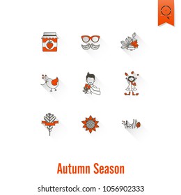 Set of Flat Autumn Icons. Simple and Minimalistic Style. Vector