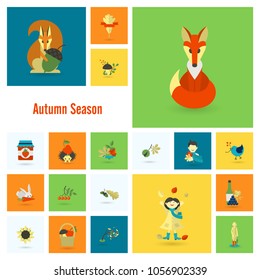 Set of Flat Autumn Icons. Simple and Minimalistic Style. Vector