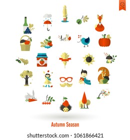 Set of Flat Autumn Icons. Simple and Minimalistic Style. Vector