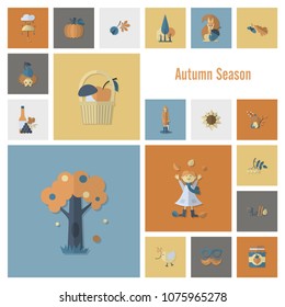 Set of Flat Autumn Icons. Simple and Minimalistic Style. Vector