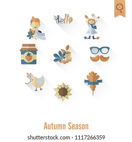 Set of Flat Autumn Icons. Simple and Minimalistic Style. Vector