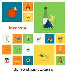 Set of Flat Autumn Icons. Simple and Minimalistic Style. Vector