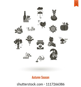Set of Flat Autumn Icons. Simple and Minimalistic Style. Vector