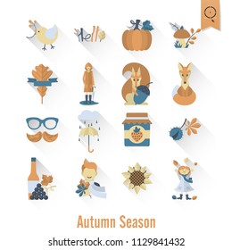 Set of Flat Autumn Icons. Simple and Minimalistic Style. Vector