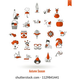 Set of Flat Autumn Icons. Simple and Minimalistic Style. Vector