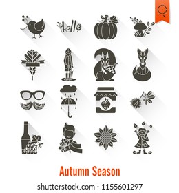 Set of Flat Autumn Icons. Simple and Minimalistic Style. Vector