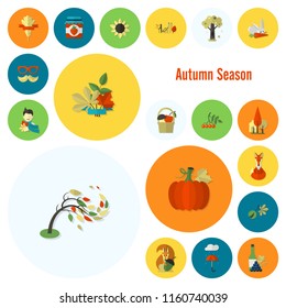 Set of Flat Autumn Icons. Simple and Minimalistic Style. Vector