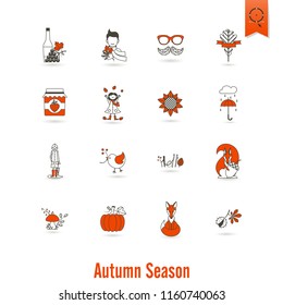 Set of Flat Autumn Icons. Simple and Minimalistic Style. Vector