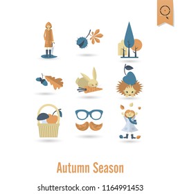 Set of Flat Autumn Icons. Simple and Minimalistic Style. Vector