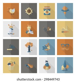 Set of Flat Autumn Icons. Simple and Minimalistic Style. Vector