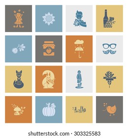Set of Flat Autumn Icons. Simple and Minimalistic Style. Vector