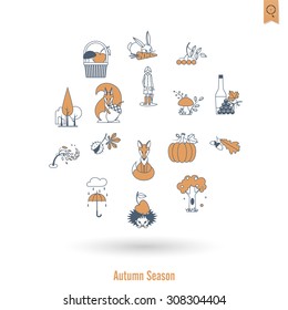 Set of Flat Autumn Icons. Simple and Minimalistic Style. Vector