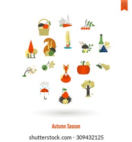 Set of Flat Autumn Icons. Simple and Minimalistic Style. Vector
