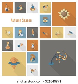 Set of Flat Autumn Icons. Simple and Minimalistic Style. Vector