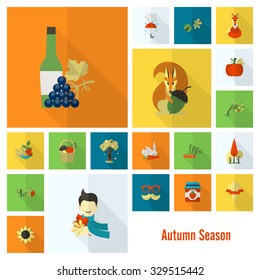 Set of Flat Autumn Icons. Simple and Minimalistic Style. Vector