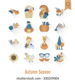 Set of Flat Autumn Icons. Simple and Minimalistic Style. Vector