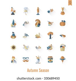 Set of Flat Autumn Icons. Simple and Minimalistic Style. Vector