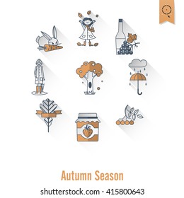 Set of Flat Autumn Icons. Simple and Minimalistic Style. Vector