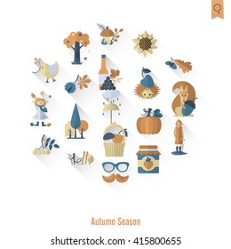 Set of Flat Autumn Icons. Simple and Minimalistic Style. Vector
