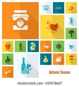 Set of Flat Autumn Icons. Simple and Minimalistic Style. Vector