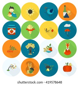 Set of Flat Autumn Icons. Simple and Minimalistic Style. Vector