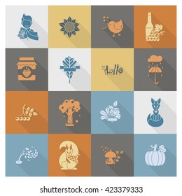 Set of Flat Autumn Icons. Simple and Minimalistic Style. Vector
