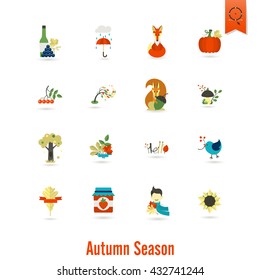 Set of Flat Autumn Icons. Simple and Minimalistic Style. Vector