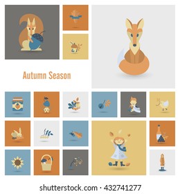Set of Flat Autumn Icons. Simple and Minimalistic Style. Vector
