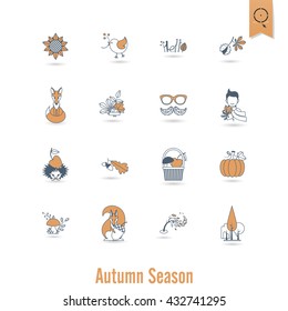 Set of Flat Autumn Icons. Simple and Minimalistic Style. Vector