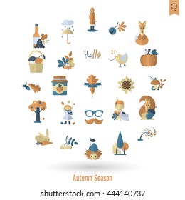 Set of Flat Autumn Icons. Simple and Minimalistic Style. Vector