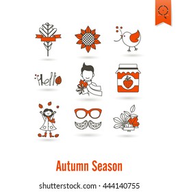 Set of Flat Autumn Icons. Simple and Minimalistic Style. Vector