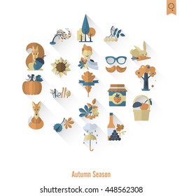 Set of Flat Autumn Icons. Simple and Minimalistic Style. Vector
