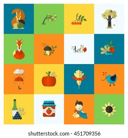 Set of Flat Autumn Icons. Simple and Minimalistic Style. Vector