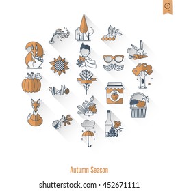 Set of Flat Autumn Icons. Simple and Minimalistic Style. Vector