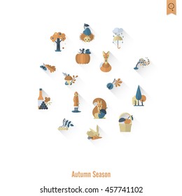 Set of Flat Autumn Icons. Simple and Minimalistic Style. Vector