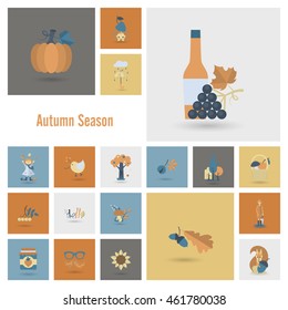 Set of Flat Autumn Icons. Simple and Minimalistic Style. Vector