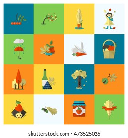 Set of Flat Autumn Icons. Simple and Minimalistic Style. Vector
