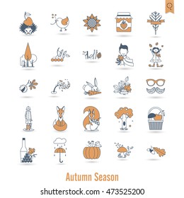 Set of Flat Autumn Icons. Simple and Minimalistic Style. Vector